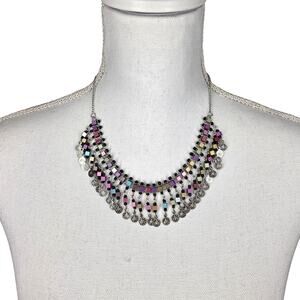 MULTICOLOR BEADED BIB NECKLACE WITH COIN CHARMS – BOHO TRIBAL FESTIVAL STYLE